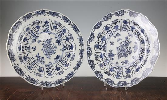 A pair of Chinese export blue and white dishes, Qianlong period, 33.5cm, rim crack to one dish